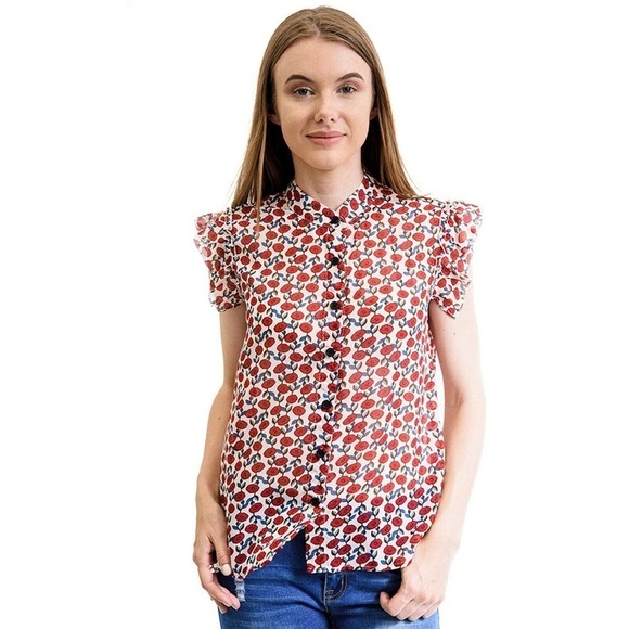 Red Poppy Print Button Up Blouse Lightweight w Cap Sleeves Size Small - Hey Viv - Picture 1 of 4